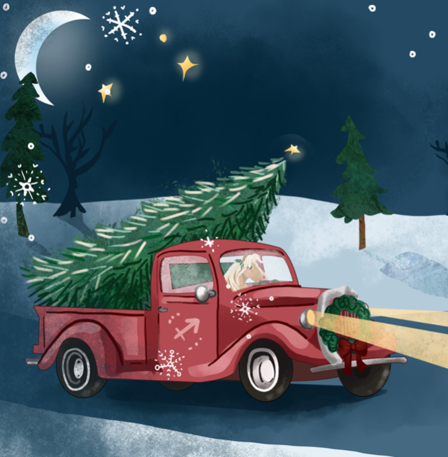 sagittarius zodiac baby book featuring a horse driving away with a Christmas tree.