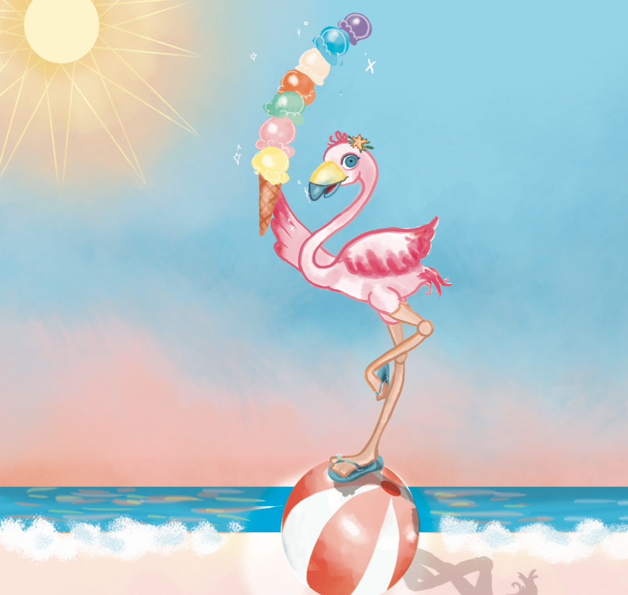 libra baby zodiac book featuring a flamingo balancing on a beach ball.