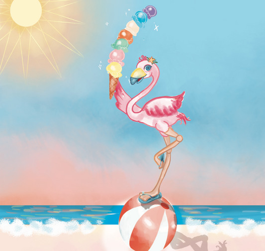 libra baby zodiac book featuring a flamingo balancing on a beach ball.
