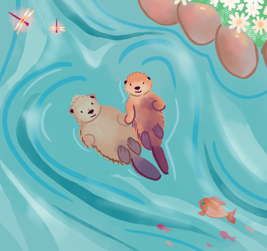 Cute otters holding hands inside Pisces Baby book.