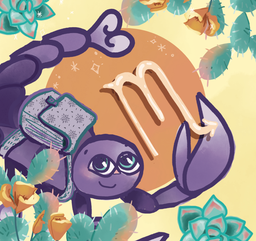 scorpio zodiac baby book featuring a purple scorpion and the scorpio symbol.