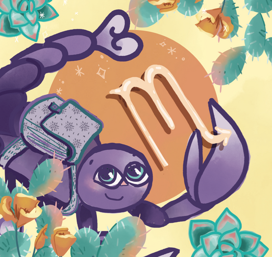 scorpio zodiac baby book featuring a purple scorpion and the scorpio symbol.