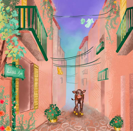 taurus zodiac baby book featuring a bull walking down an alley.