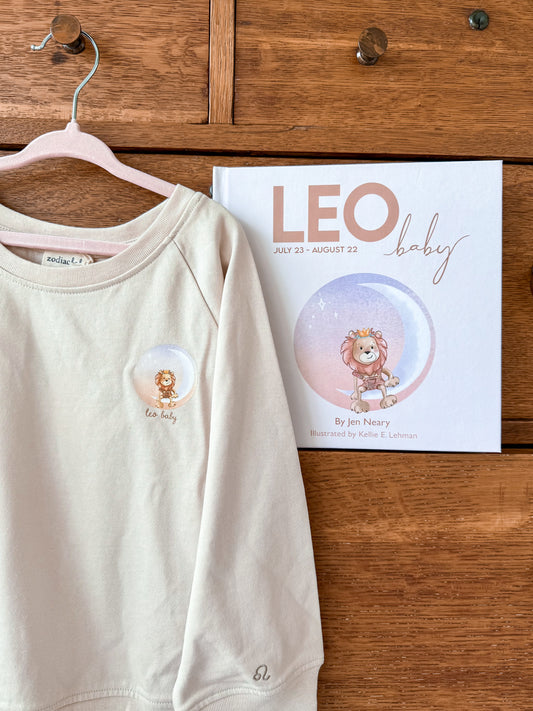leo baby shower gift set - personalized zodiac sign book & crewneck bundle
