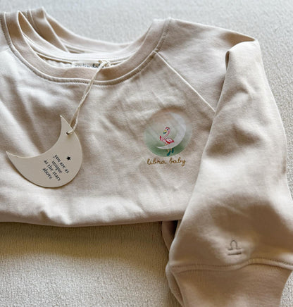 Beige Libra flamingo zodiac crewneck sweatshirt for toddlers and babies