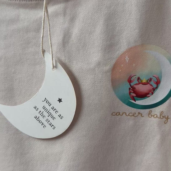 cancer baby crewneck for children featuring a crab and its matching zodiac baby book for the ultimate new baby gift set