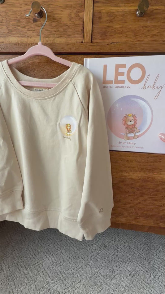 leo baby shower gift set - personalized zodiac sign book & crewneck bundle