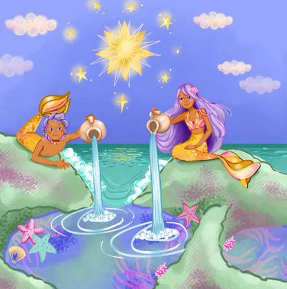 aquarius zodiac baby books featuring two mermaids.