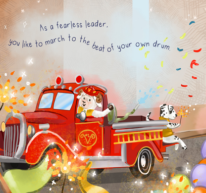 aries baby zodiac book featuring a ram driving a fire truck.