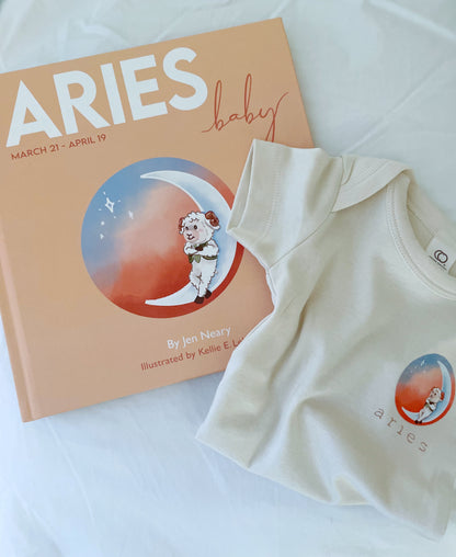 aries zodiac baby book with matching aries zodiac baby onesie.