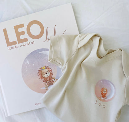 Leo zodiac baby book and its matching leo zodiac onesie.