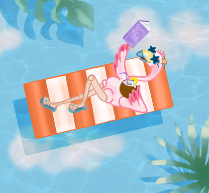 libra zodiac baby book featuring a flamingo sunbathing on a pool raft.