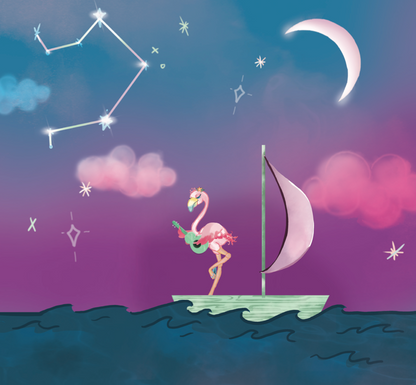 libra zodiac baby book featuring a flamingo playing guitar on a boat under the libra constellation.