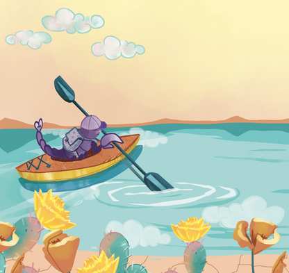 scorpio zodiac baby book featuring a purple scorpion paddling away on a canoe.