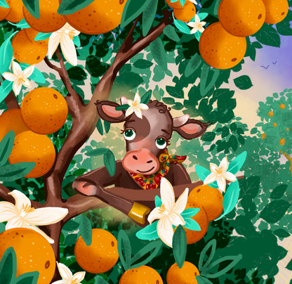 taurus zodiac baby book featuring a bull sitting in an orange tree.