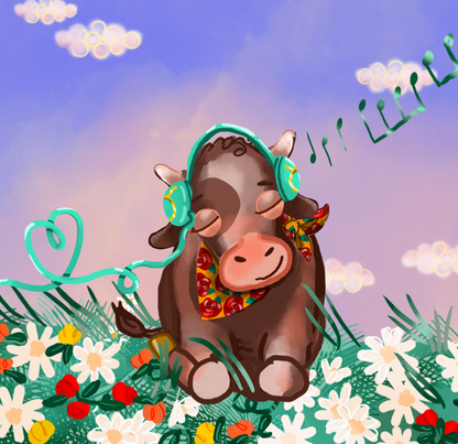 taurus zodiac baby book featuring a bull listening to music with headphones on.